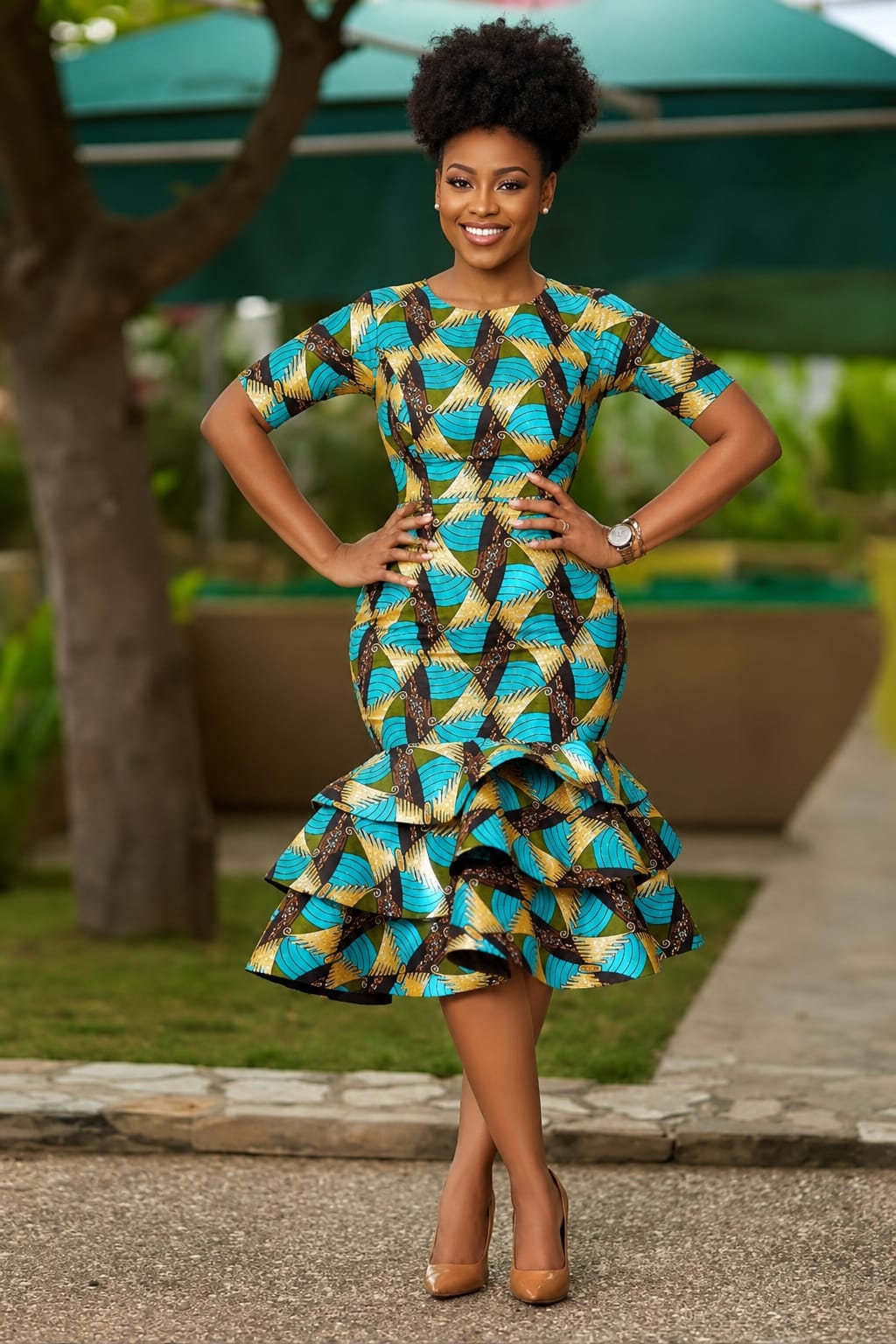 Turquoise & Gold Ruffled Kitenge Dress